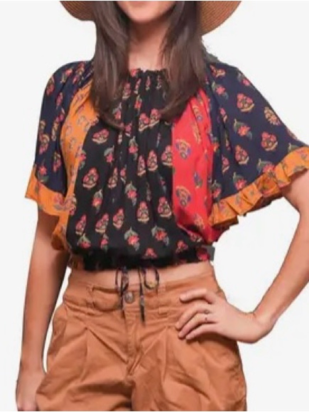 Boho Floral Patchwork Short-Sleeve Top in Red, Navy,Gold